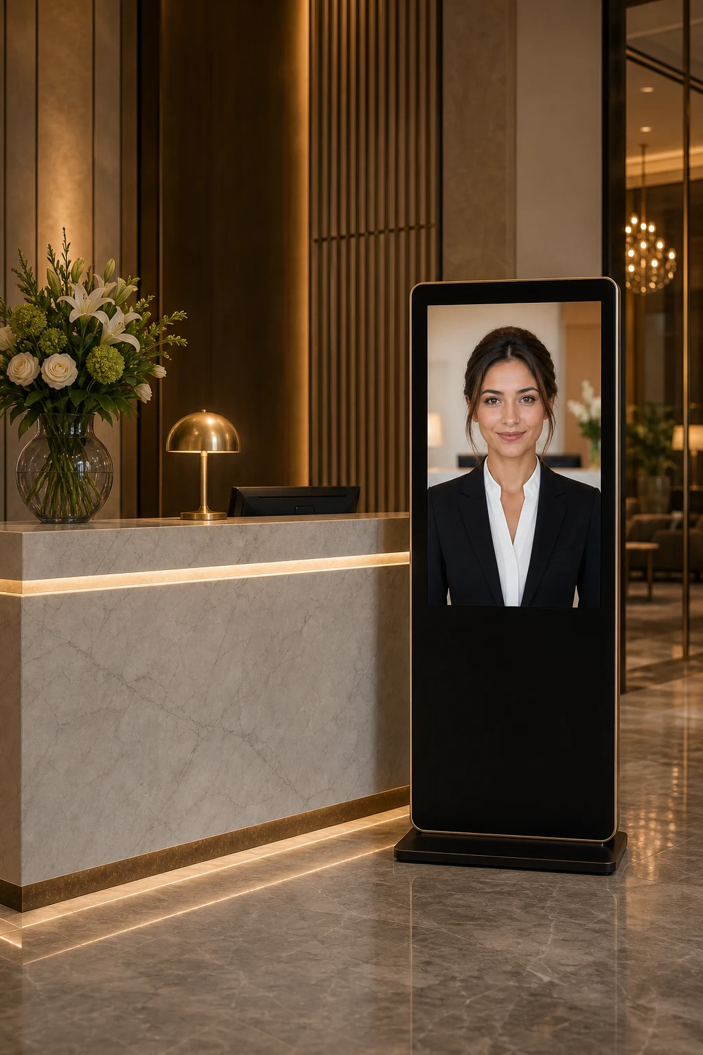 Persona che interagisce con un totem digitale con interfaccia Ophelia